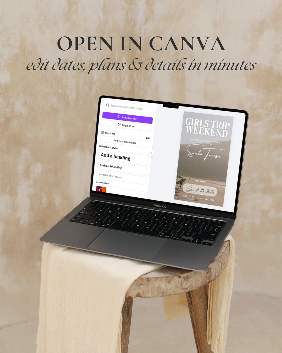 Customizable Santa Teresa costa rica girls trip itinerary template in Canva digital download travel planner for bachelorette, girls trips, and weekend getaways, aesthetic luxury digital invitation for group trips and vacation
