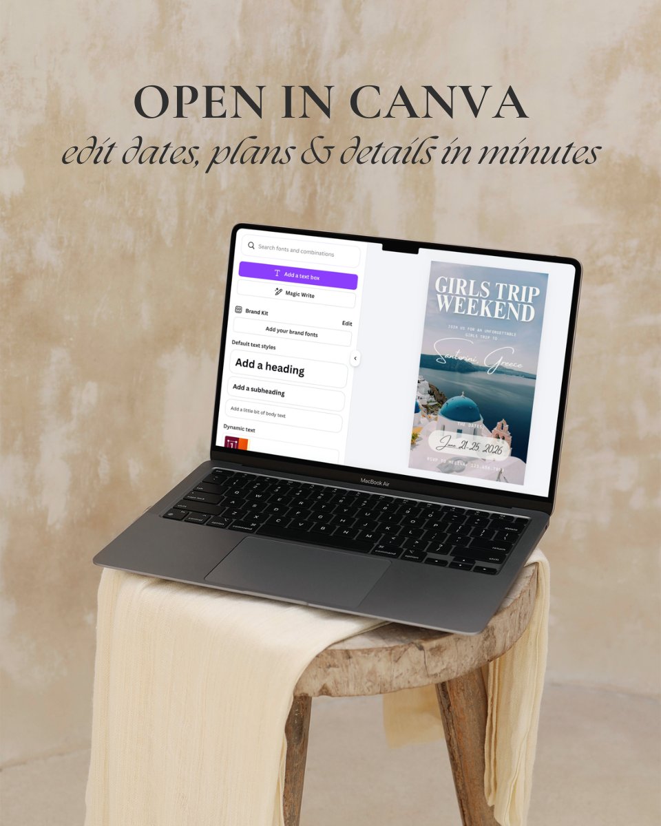 Santorini Greece luxury girls trip itinerary Canva digital invitation template open on laptop screen, editable travel itinerary template for bachelorette weekend and group vacation planning.