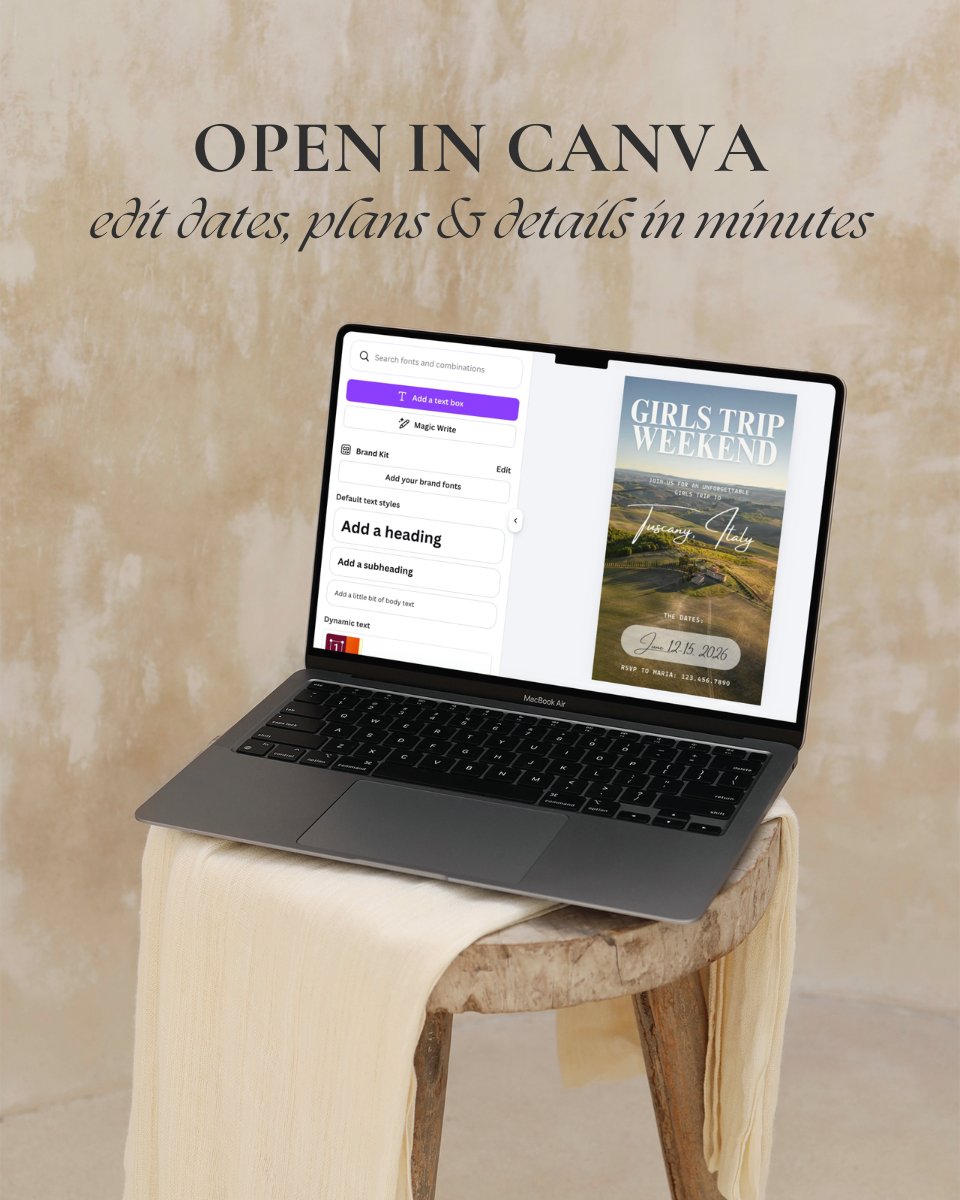 Fully editable Canva luxury girls trip itinerary travel template shown on laptop, digital invitation for vacation planning and group trips to tuscany italy