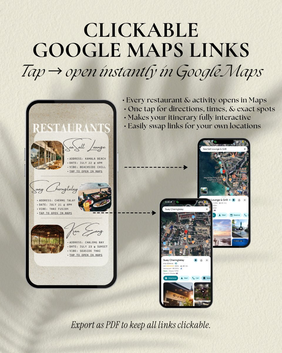 Clickable Google Maps links for your Phuket Thailand girls trip, luxury travel itinerary template – tap for instant directions to restaurants, beach clubs & activities in a app-like interactive design