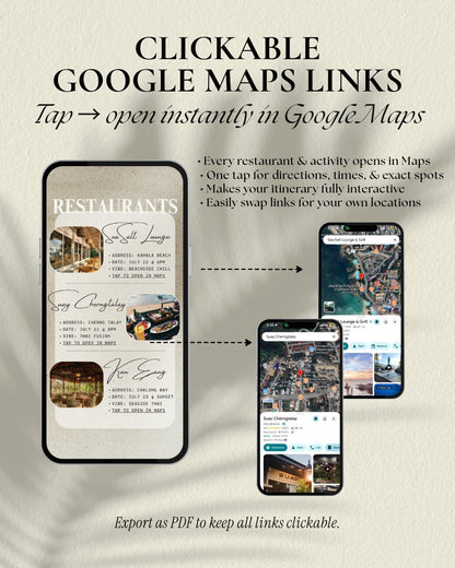 Clickable Google Maps links for your Phuket Thailand girls trip, luxury travel itinerary template – tap for instant directions to restaurants, beach clubs & activities in a app-like interactive design