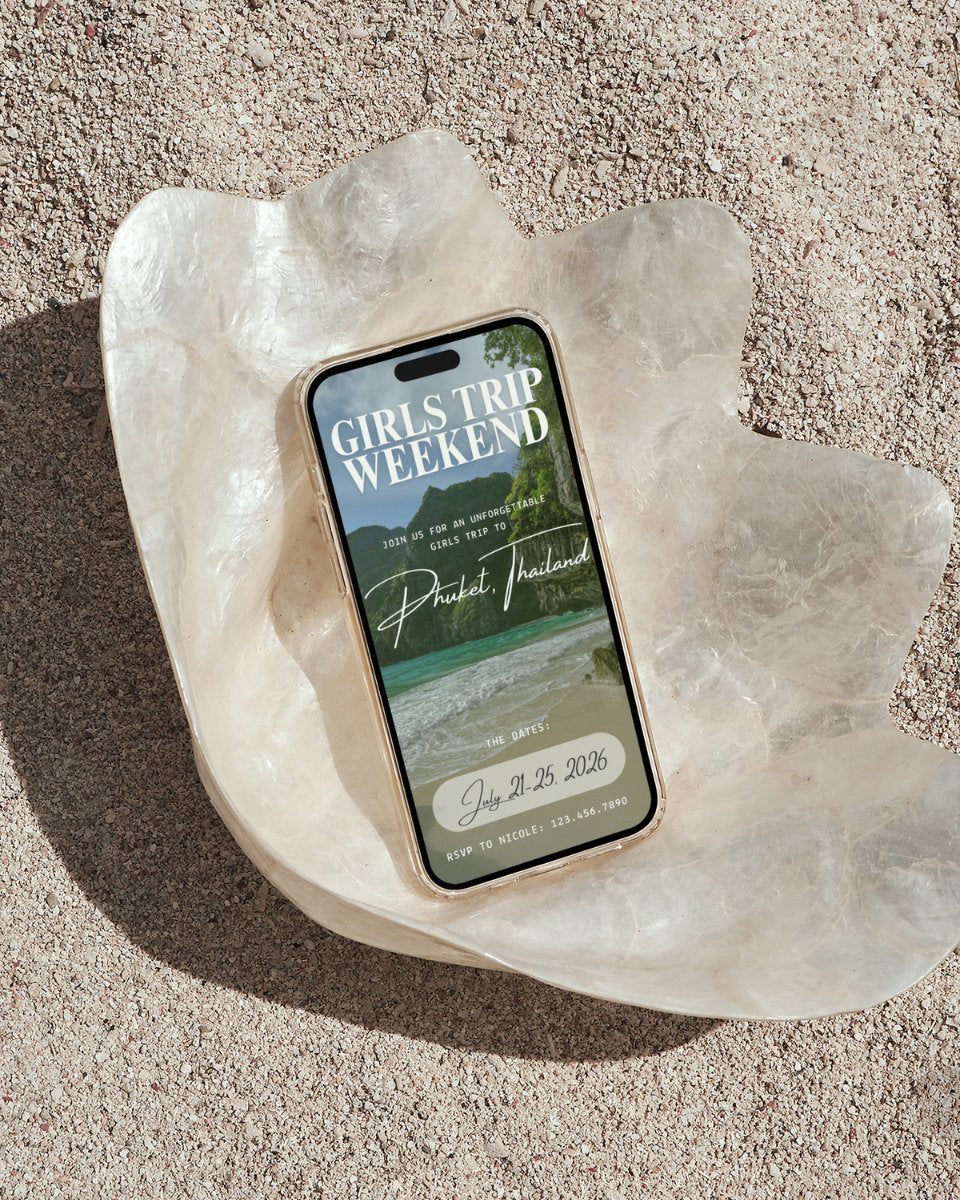 Phuket Thailand luxury aesthetic girls trip itinerary Canva template cover on iPhone beach mockup instant digital download, digital invitation for beach vacations