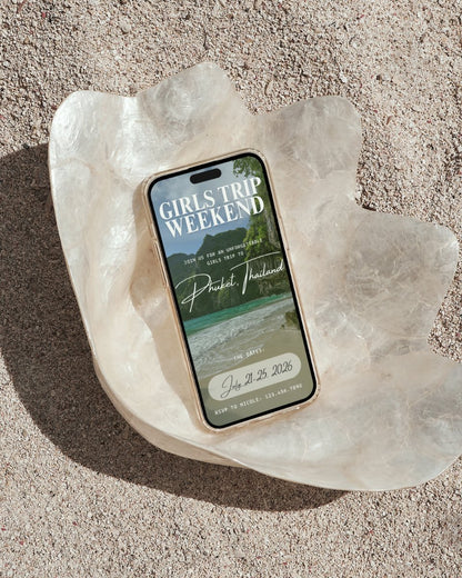 Phuket Thailand luxury aesthetic girls trip itinerary Canva template cover on iPhone beach mockup instant digital download, digital invitation for beach vacations