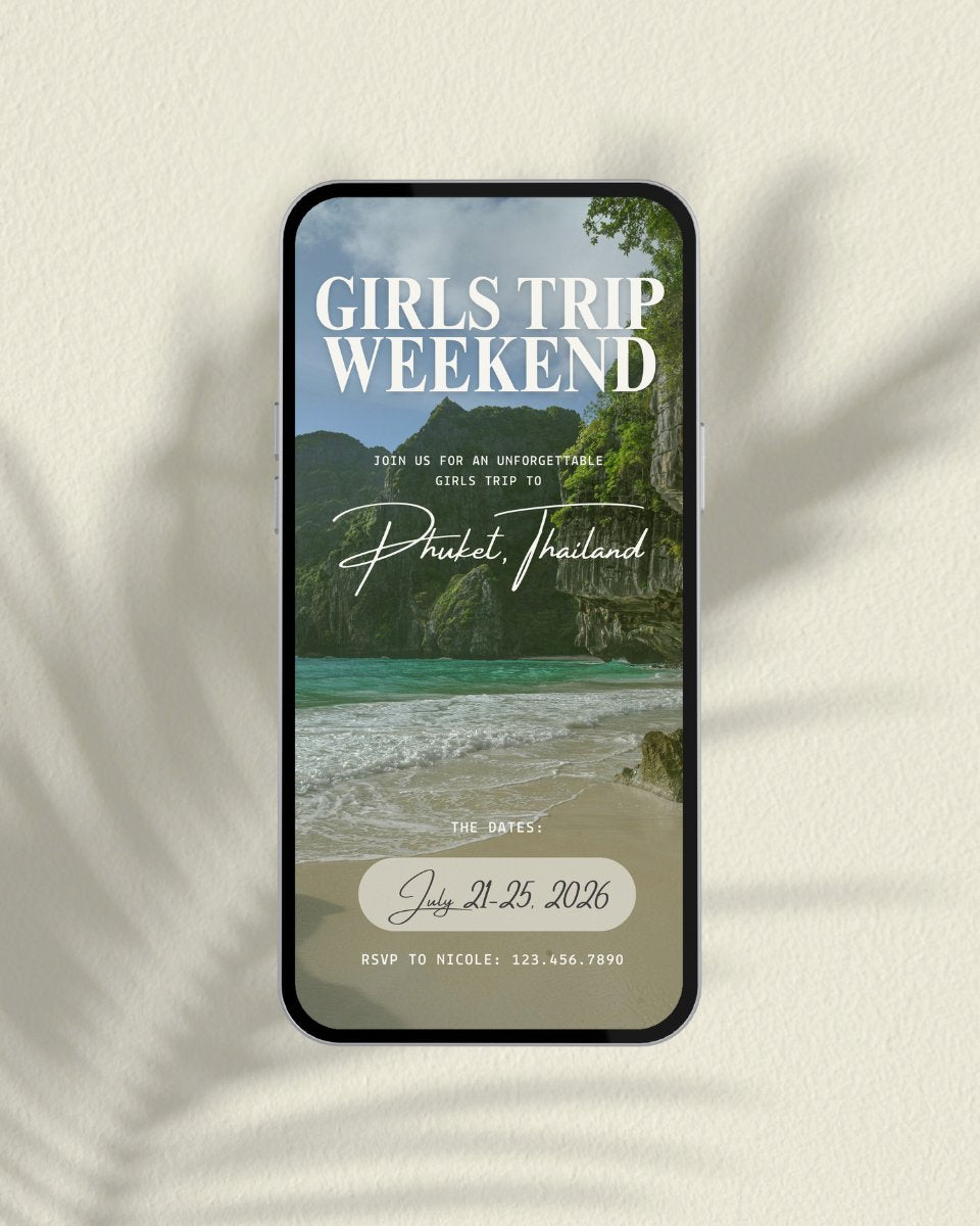 Phuket Thailand luxury girls trip itinerary template cover, editable Canva travel planner and digital invitation for tropical beach vacation weekend and bachelorette parties
