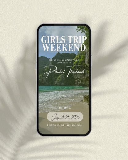 Phuket Thailand luxury girls trip itinerary template cover, editable Canva travel planner and digital invitation for tropical beach vacation weekend and bachelorette parties