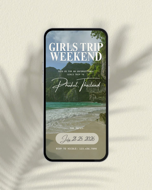 Phuket Thailand luxury girls trip itinerary template cover, editable Canva travel planner and digital invitation for tropical beach vacation weekend and bachelorette parties