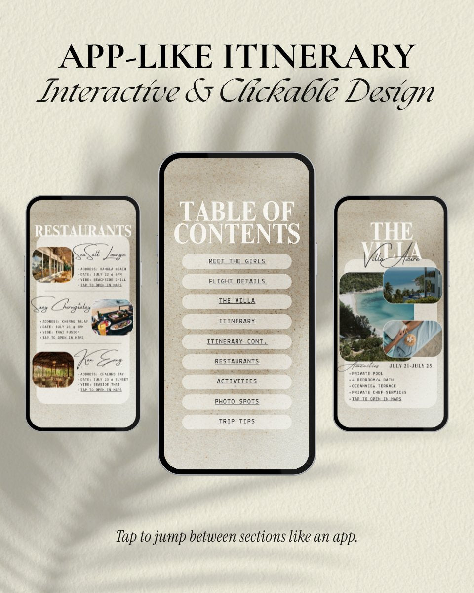 Phuket Thailand girls trip luxury itinerary Canva template with clickable table of contents and interactive app-style layout, digital invitation for vacation and group travel