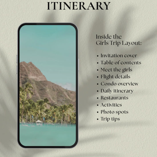 Oahu girls trip itinerary template preview video, tropical blue Canva travel planner, inside pages layout, Hawaii bachelorette itinerary