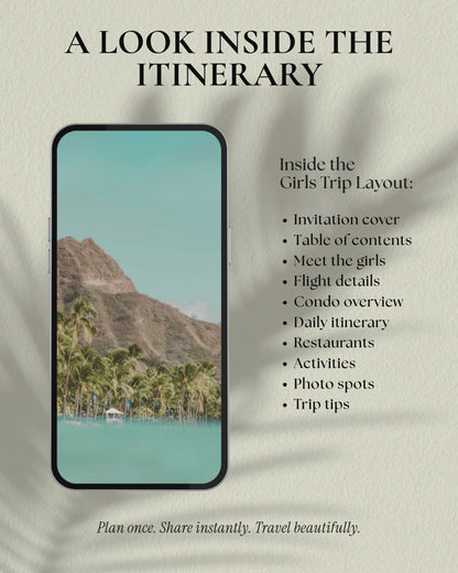Oahu girls trip itinerary template preview video, tropical blue Canva travel planner, inside pages layout, Hawaii bachelorette itinerary