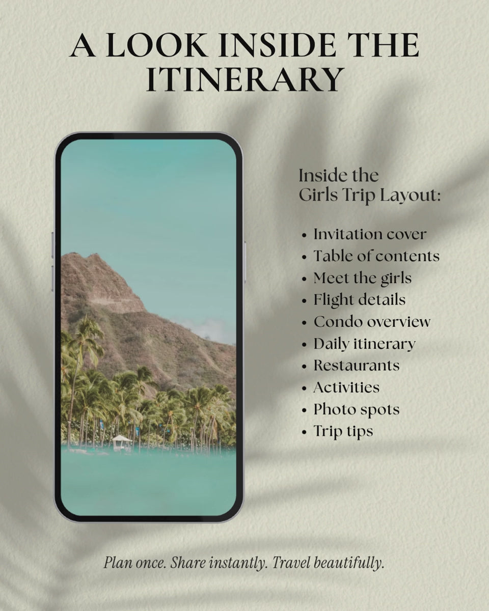 Oahu girls trip itinerary template preview video, tropical blue Canva travel planner, inside pages layout, Hawaii bachelorette itinerary