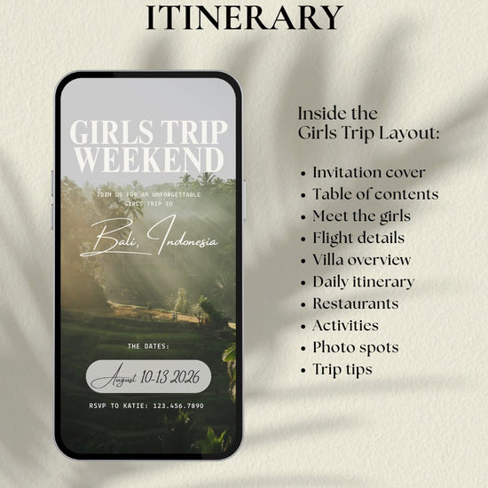 Bali Indonesia girls trip itinerary video preview showing inside pages and layout of a luxury Canva travel planner and digital invitation for girls trips, bachelorette, and weekend getaways