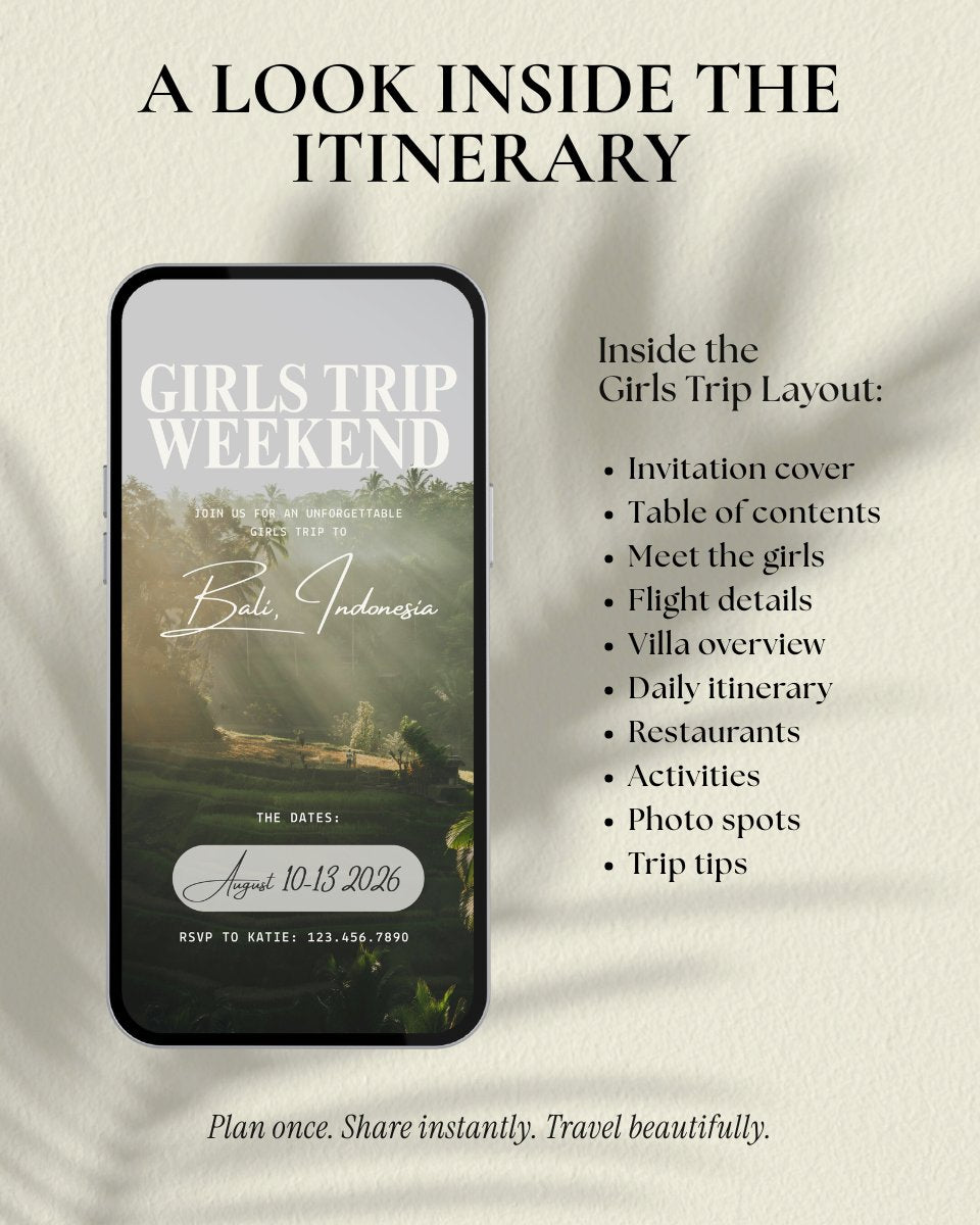 Bali Indonesia girls trip itinerary video preview showing inside pages and layout of a luxury Canva travel planner and digital invitation for girls trips, bachelorette, and weekend getaways