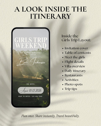 Bali Indonesia girls trip itinerary video preview showing inside pages and layout of a luxury Canva travel planner and digital invitation for girls trips, bachelorette, and weekend getaways
