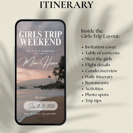 Maui Hawaii girls trip luxury itinerary template video preview, editable Canva travel planner digital download for bachelorette weekend and group trips, digital invitation for beach vacation