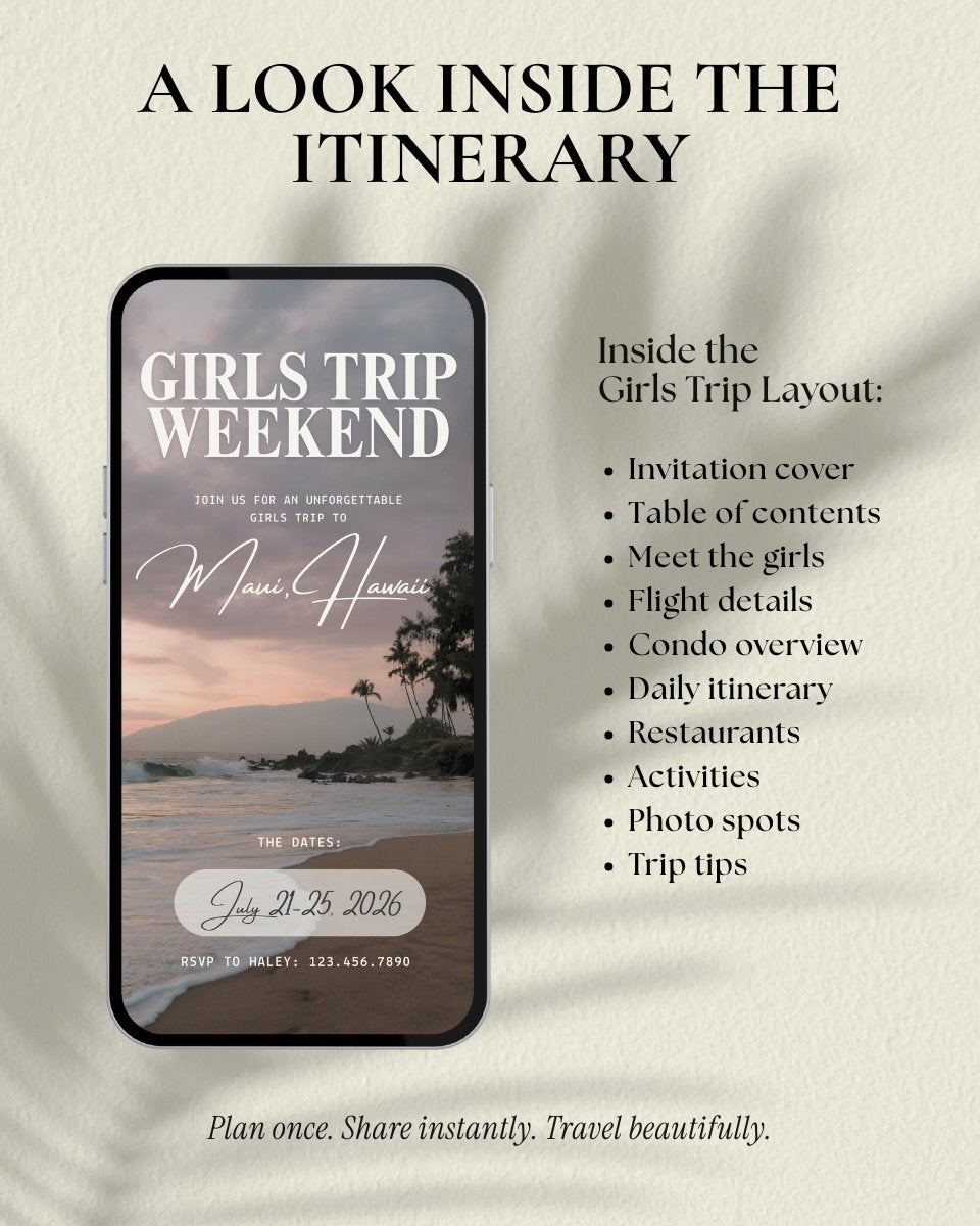 Maui Hawaii girls trip luxury itinerary template video preview, editable Canva travel planner digital download for bachelorette weekend and group trips, digital invitation for beach vacation