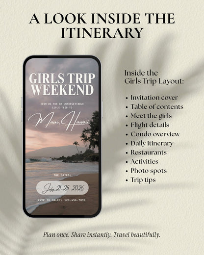 Maui Hawaii girls trip luxury itinerary template video preview, editable Canva travel planner digital download for bachelorette weekend and group trips, digital invitation for beach vacation