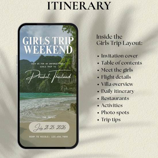 Phuket Thailand girls trip itinerary video preview luxury Canva template instant digital download with editable pages, digital invitation for beach vacation, girls trips, bachelorette, and group travel