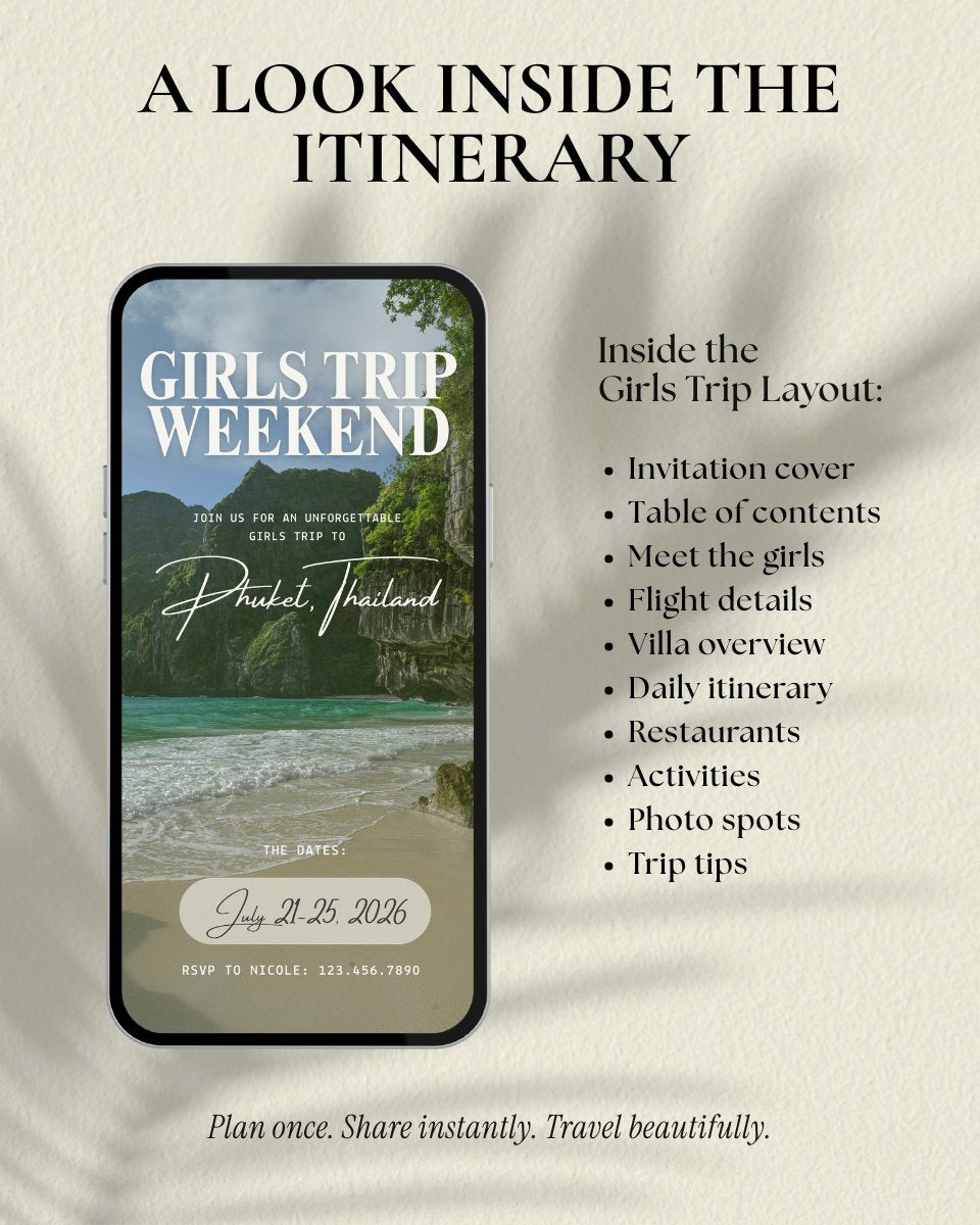 Phuket Thailand girls trip itinerary video preview luxury Canva template instant digital download with editable pages, digital invitation for beach vacation, girls trips, bachelorette, and group travel