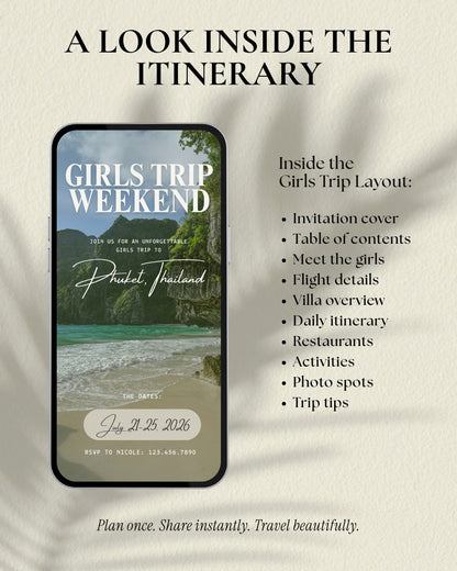 Phuket Thailand girls trip itinerary video preview luxury Canva template instant digital download with editable pages, digital invitation for beach vacation, girls trips, bachelorette, and group travel