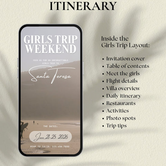 Luxury travel itinerary template walkthrough video preview for group trip planning, girls trip santa teresa costa rica, digital invitation for beach vacation planning with 11 customizable itinerary pages