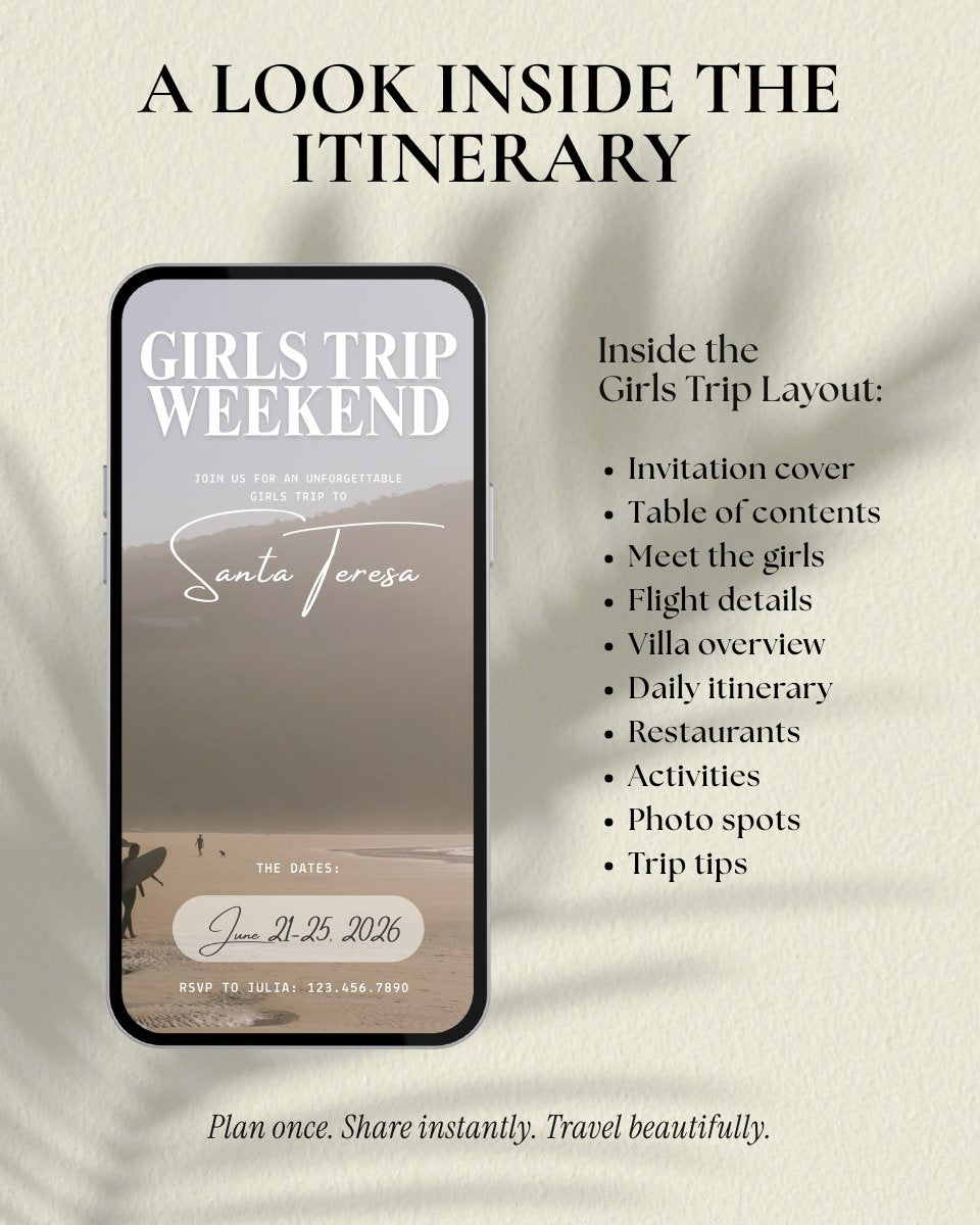 Luxury travel itinerary template walkthrough video preview for group trip planning, girls trip santa teresa costa rica, digital invitation for beach vacation planning with 11 customizable itinerary pages
