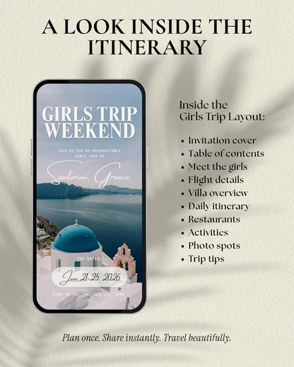Santorini Greece luxury girls trip itinerary template video preview, editable Canva travel planner and digital invitation with interactive pages and daily itinerary.
