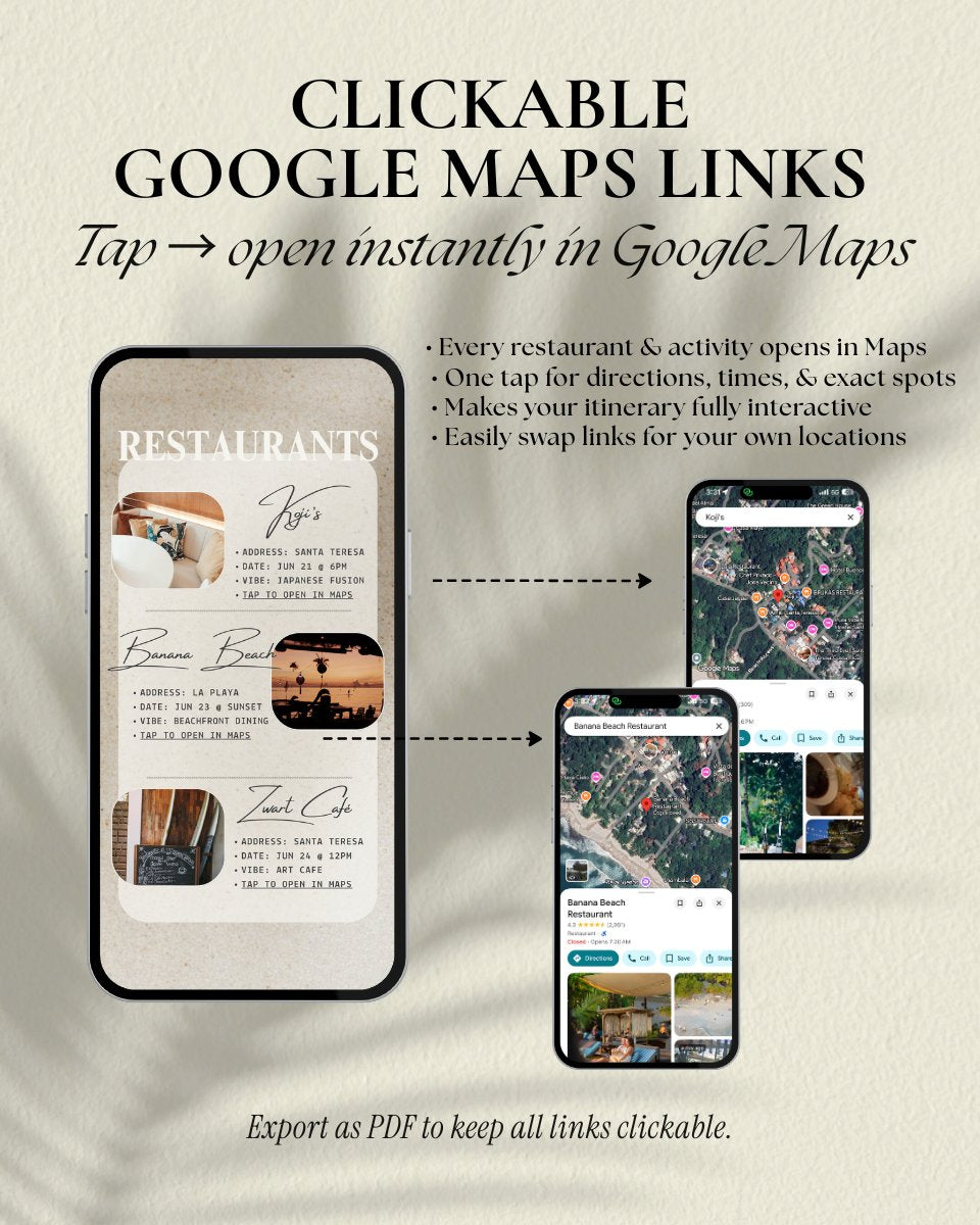 Digital invitation for group tips and vacation planning to santa teresa costa rica with app-like interactive design and clickable Google Maps links on a smartphone, editable in Canva