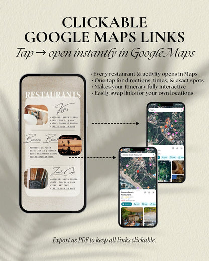 Digital invitation for group tips and vacation planning to santa teresa costa rica with app-like interactive design and clickable Google Maps links on a smartphone, editable in Canva