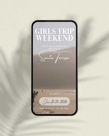 Santa Teresa Costa Rica luxury girls trip itinerary template cover featuring aesthetic surf beach with mountain backdrop, digital travel planner for group trips