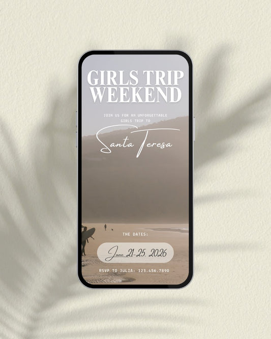 Santa Teresa Costa Rica luxury girls trip itinerary template cover featuring aesthetic surf beach with mountain backdrop, digital travel planner for group trips