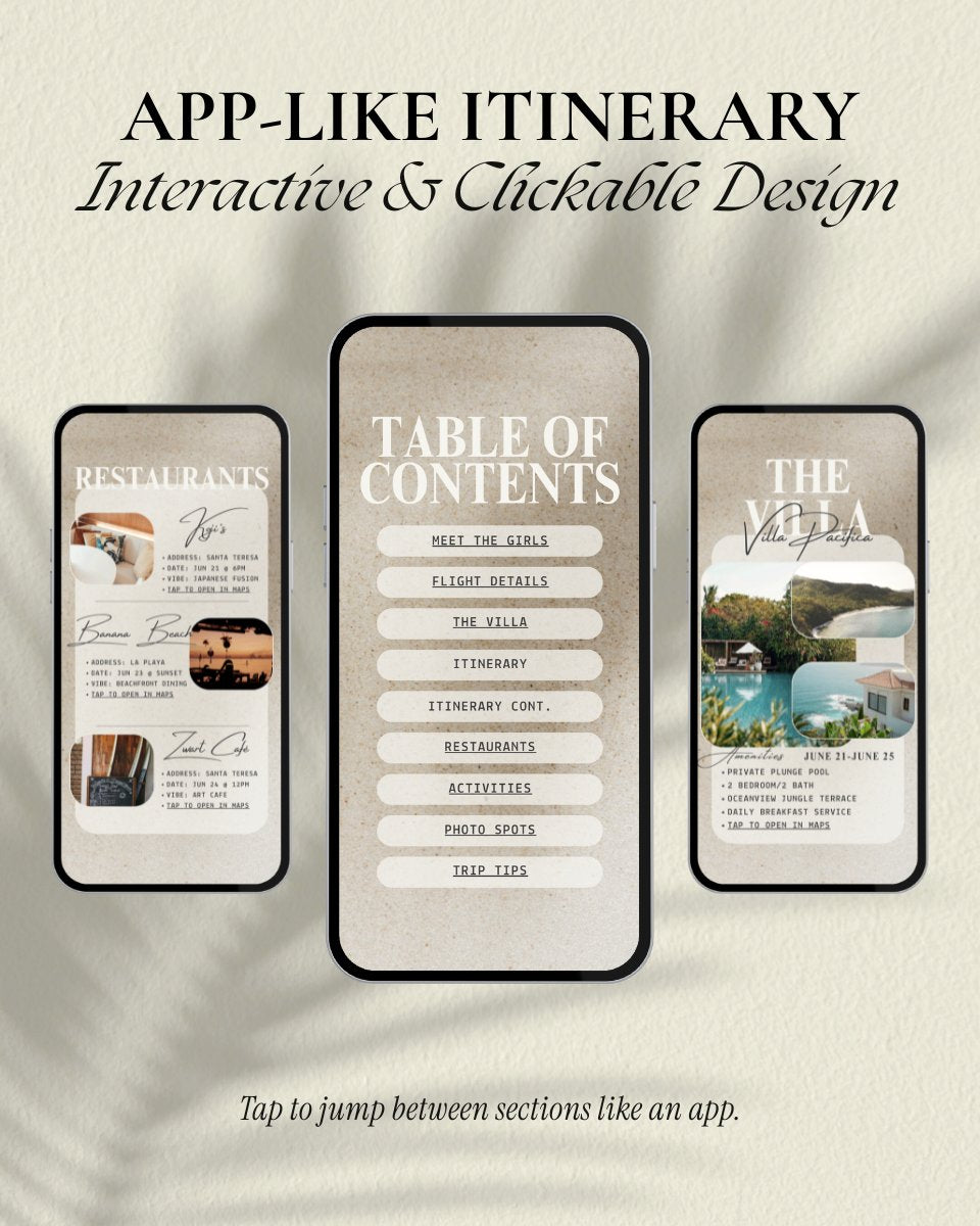 Santa Teresa Costa Rica interactive itinerary template with app-like clickable design, editable girls trip travel planner in Canva, Santa teresa girls trip weekend itinerary with table of contents, restaurants, activities and villa pages, digital download vacation guide, digital invitation for beach vacation planning