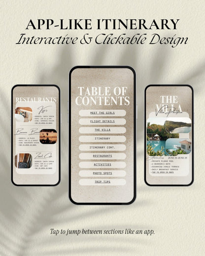 Santa Teresa Costa Rica interactive itinerary template with app-like clickable design, editable girls trip travel planner in Canva, Santa teresa girls trip weekend itinerary with table of contents, restaurants, activities and villa pages, digital download vacation guide, digital invitation for beach vacation planning