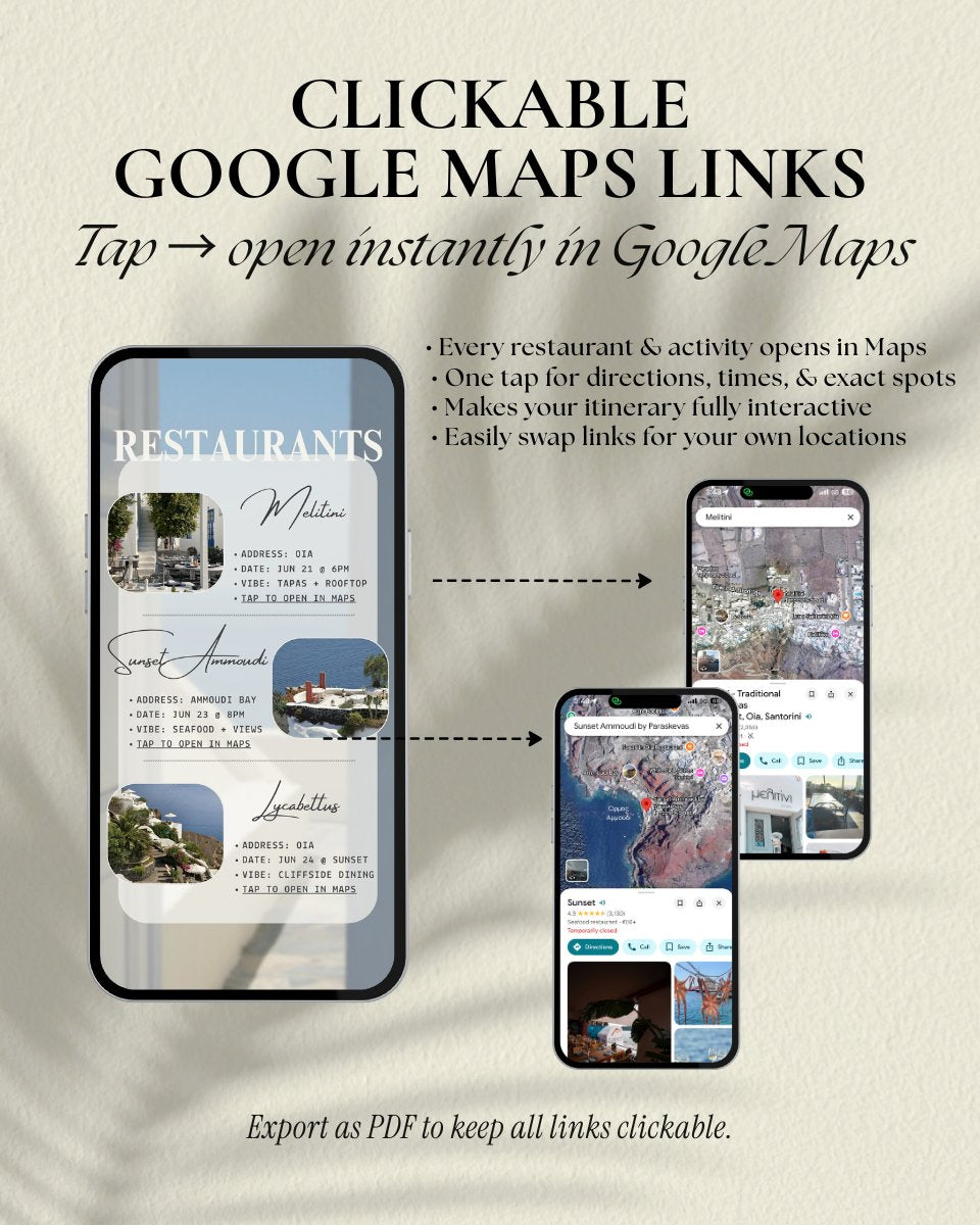 App-like itinerary template for Santorini Greece trip with clickable Google Maps links, interactive girls trip travel planner in Canva, Santorini bachelorette weekend guide with restaurants and activities map links, editable digital vacation itinerary download and digital invitation