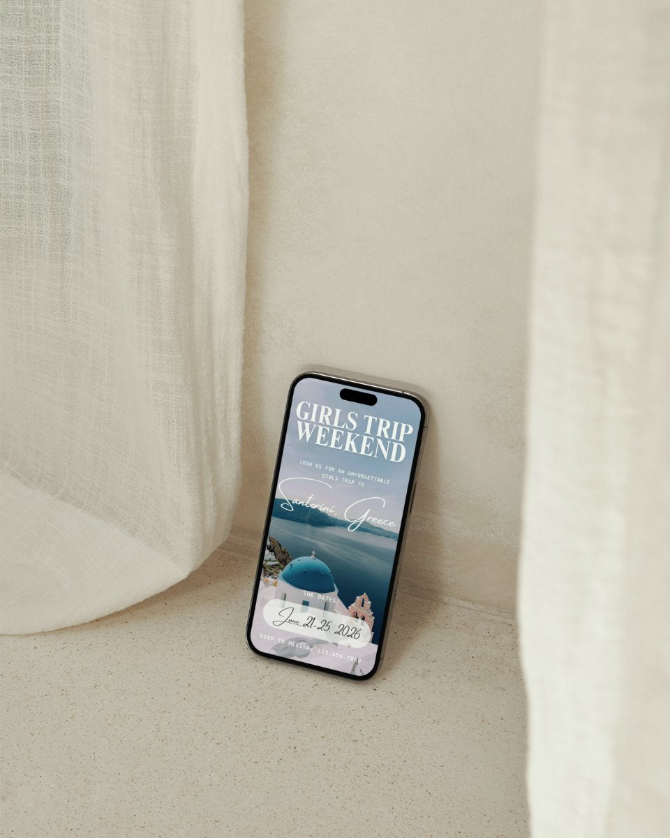 Santorini Greece girls trip itinerary template mockup, editable Canva travel planner on iPhone, Santorini bachelorette weekend itinerary digital download, luxury Greece vacation planner template and digital invitation