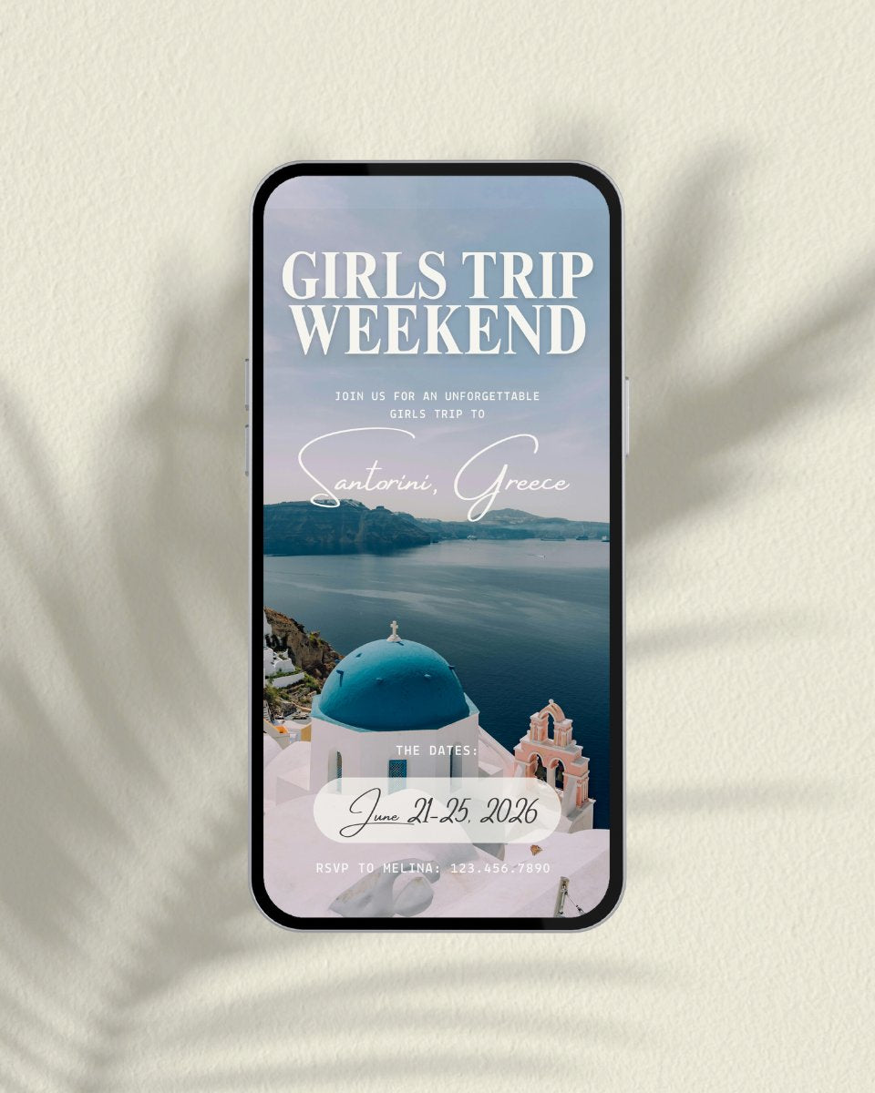 Santorini Greece luxury girls trip itinerary template cover featuring blue dome church and caldera view, digital travel planner for bachelorette weekend, girls trips, and weekend getaways with an interactive app-like design digital invitation