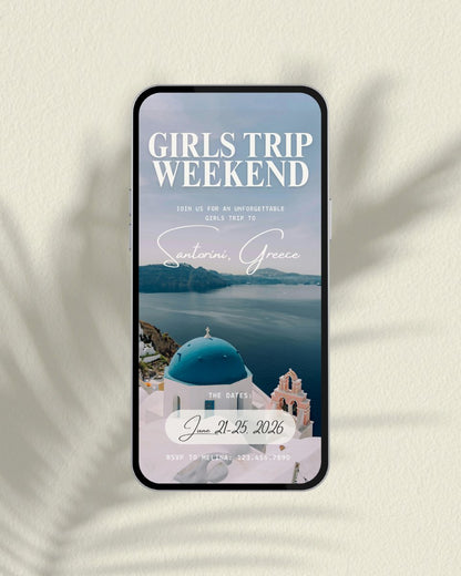 Santorini Greece luxury girls trip itinerary template cover featuring blue dome church and caldera view, digital travel planner for bachelorette weekend, girls trips, and weekend getaways with an interactive app-like design digital invitation