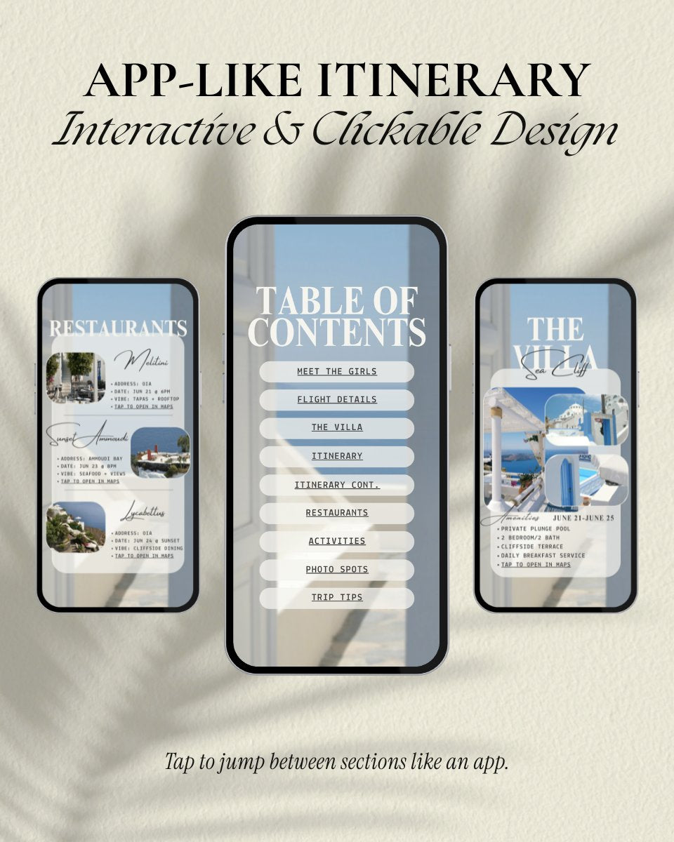 Luxury girls trip itinerary template for Santorini Greece vacation, interactive and app-like Canva travel planner with clickable sections, restaurants and activities guide, digital invitation for group travel 