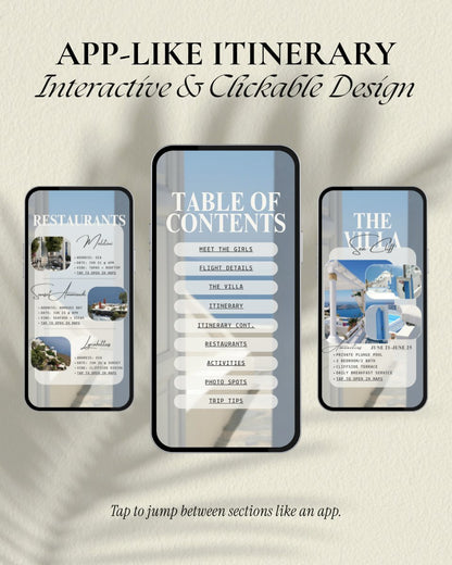 Luxury girls trip itinerary template for Santorini Greece vacation, interactive and app-like Canva travel planner with clickable sections, restaurants and activities guide, digital invitation for group travel 