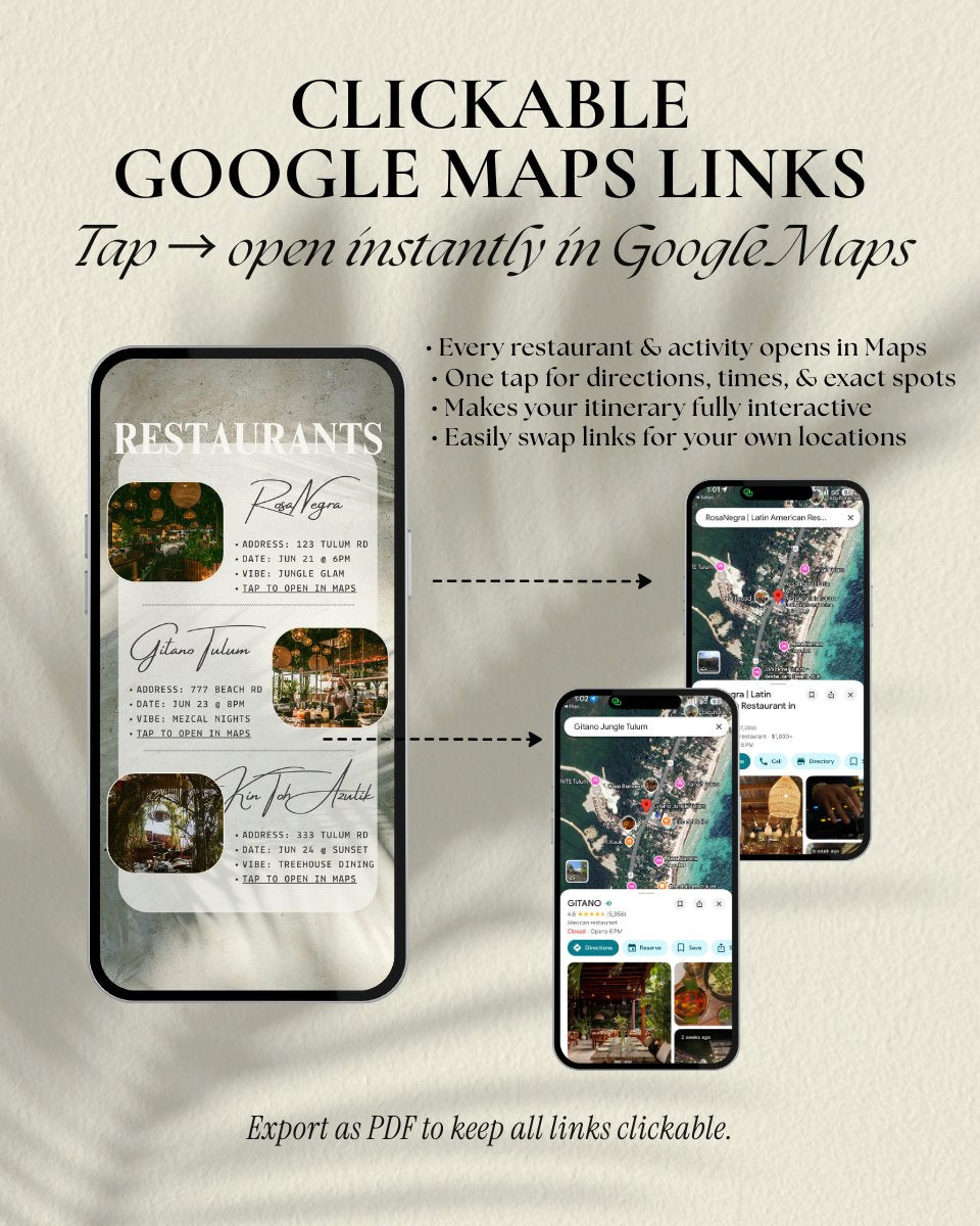 Tulum, Mexico girls trip itinerary with clickable Google Maps links for restaurants and activities pages with interactive app-like design
