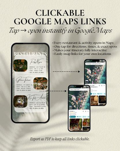 Tulum, Mexico girls trip itinerary with clickable Google Maps links for restaurants and activities pages with interactive app-like design