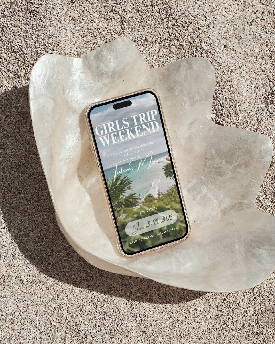 Tulum, Mexico girls trip luxury weekend travel itinerary displayed on phone on a seashell on beach lifestyle background