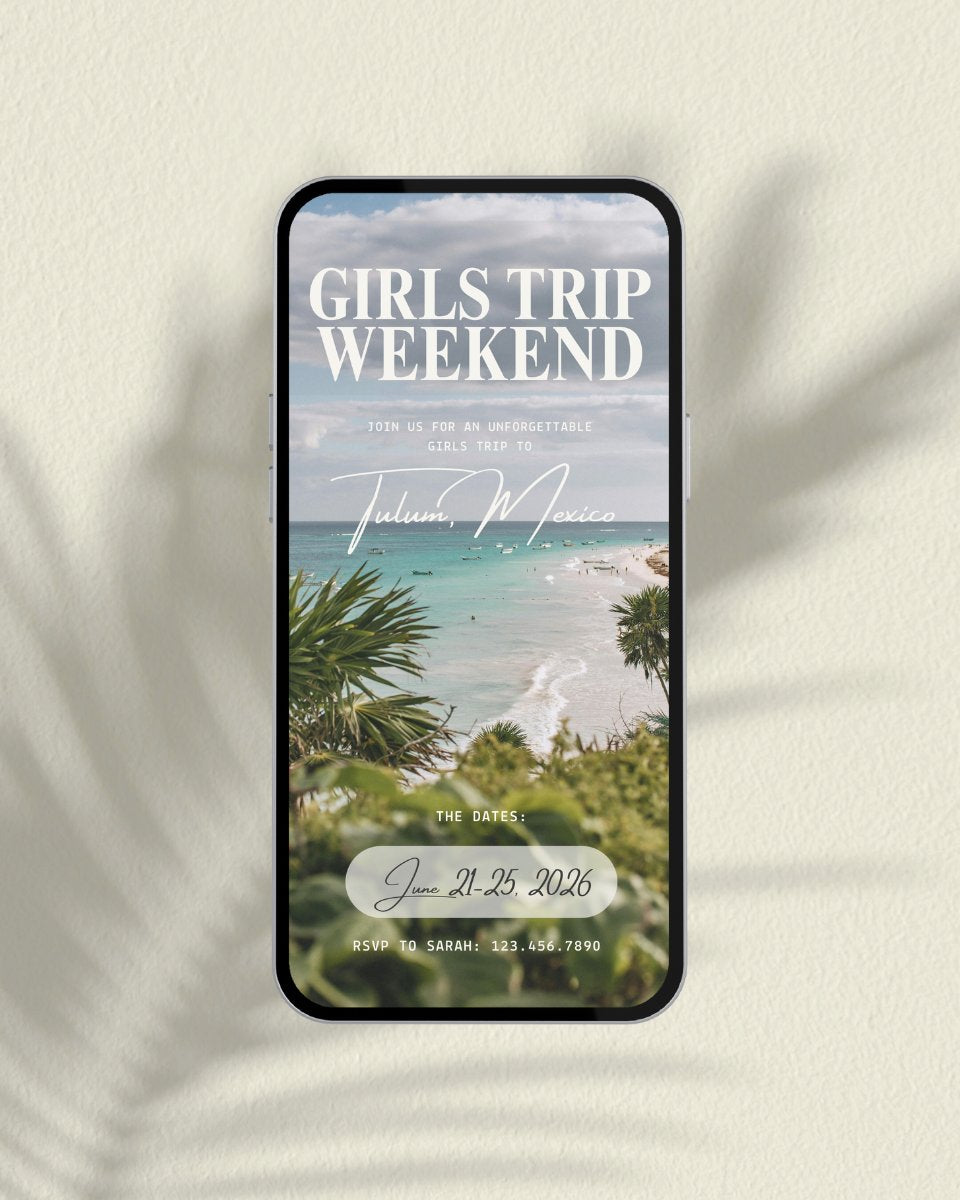 Girls trip weekend digital travel itinerary for Tulum Mexico, editable Canva mobile vacation planner