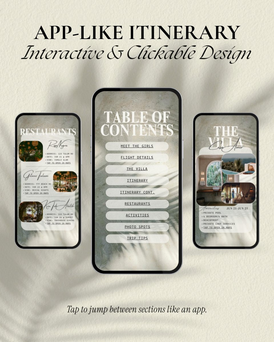 App-like tulum mexico girls trip digital travel itinerary template in Canva showing restaurants, table of contents and villa overview pages with interactive clickable mobile design
