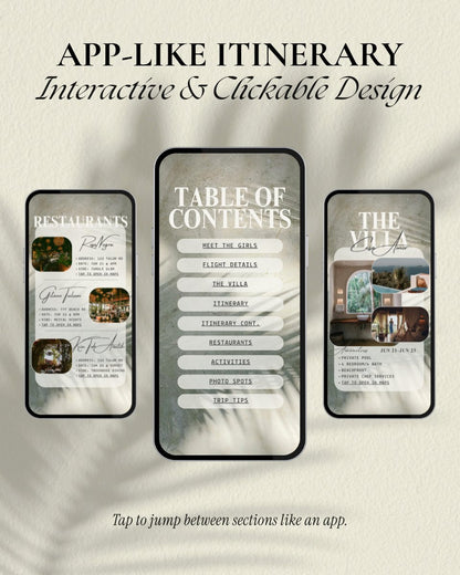 App-like tulum mexico girls trip digital travel itinerary template in Canva showing restaurants, table of contents and villa overview pages with interactive clickable mobile design