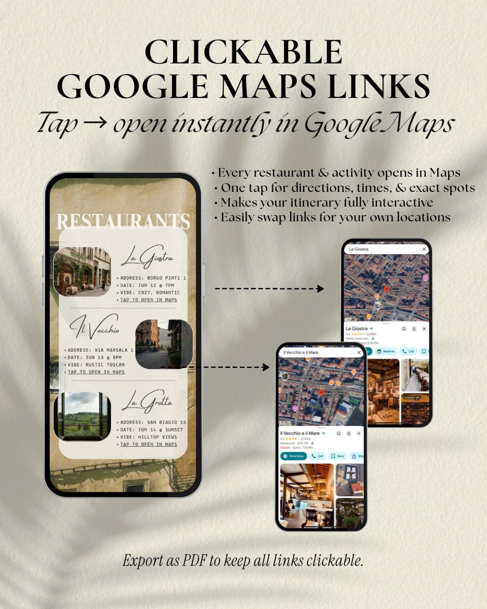 Interactive app-like travel and vacation itinerary template with tap-to-open Google Maps locations, luxury girls trip itinerary template, customizable in canva, tuscany italy digital invitation for vacation planning