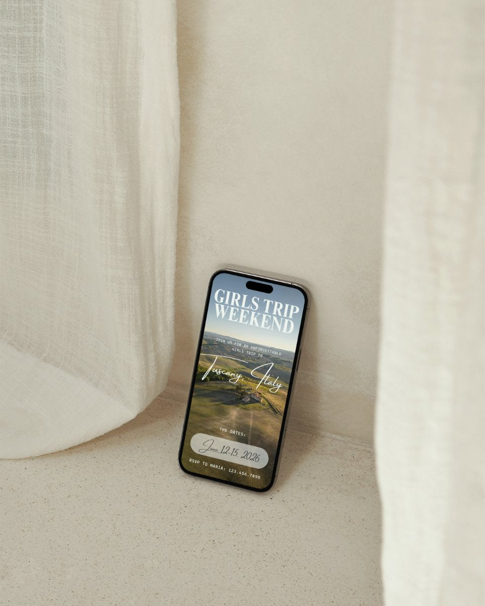 Luxury Tuscany Italy girls trip itinerary template cover on phone by linen curtain mockup, digital invitation for vacation planning and group trips