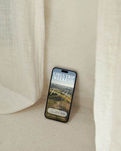 Luxury Tuscany Italy girls trip itinerary template cover on phone by linen curtain mockup, digital invitation for vacation planning and group trips