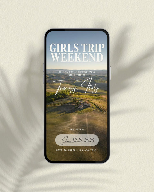 Tuscany Italy luxury girls trip itinerary Canva template cover for group travel planning, digital invitation for vacation planning, bachelorette trips, and weekend getaways instant digital download pdf