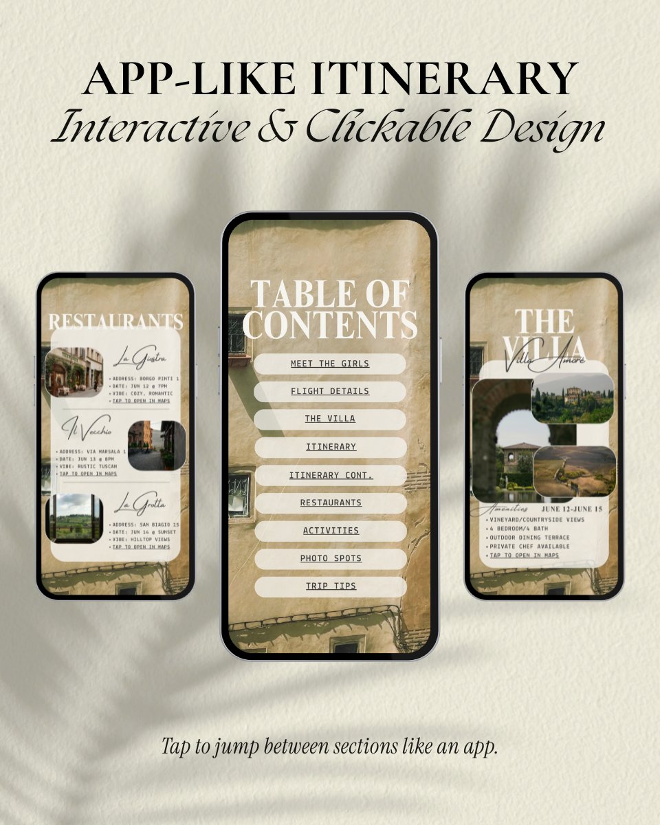 App-like luxury aesthetic girls trip itinerary template with clickable table of contents and 11 customizable pages, digital invitation for tuscany italy vacation planning and group trips