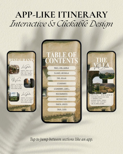App-like luxury aesthetic girls trip itinerary template with clickable table of contents and 11 customizable pages, digital invitation for tuscany italy vacation planning and group trips
